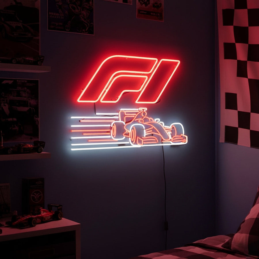 Red and white neon sign featuring the F1 logo and a race car, perfect for bedrooms, man caves, and motorsport fan spaces.