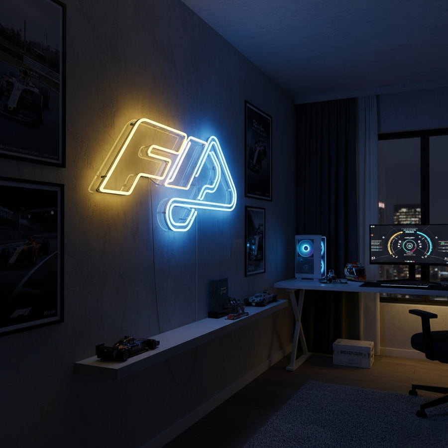 Neon sign with the F1 logo in blue and yellow, stylish for gaming setups, offices, and racing fan rooms.