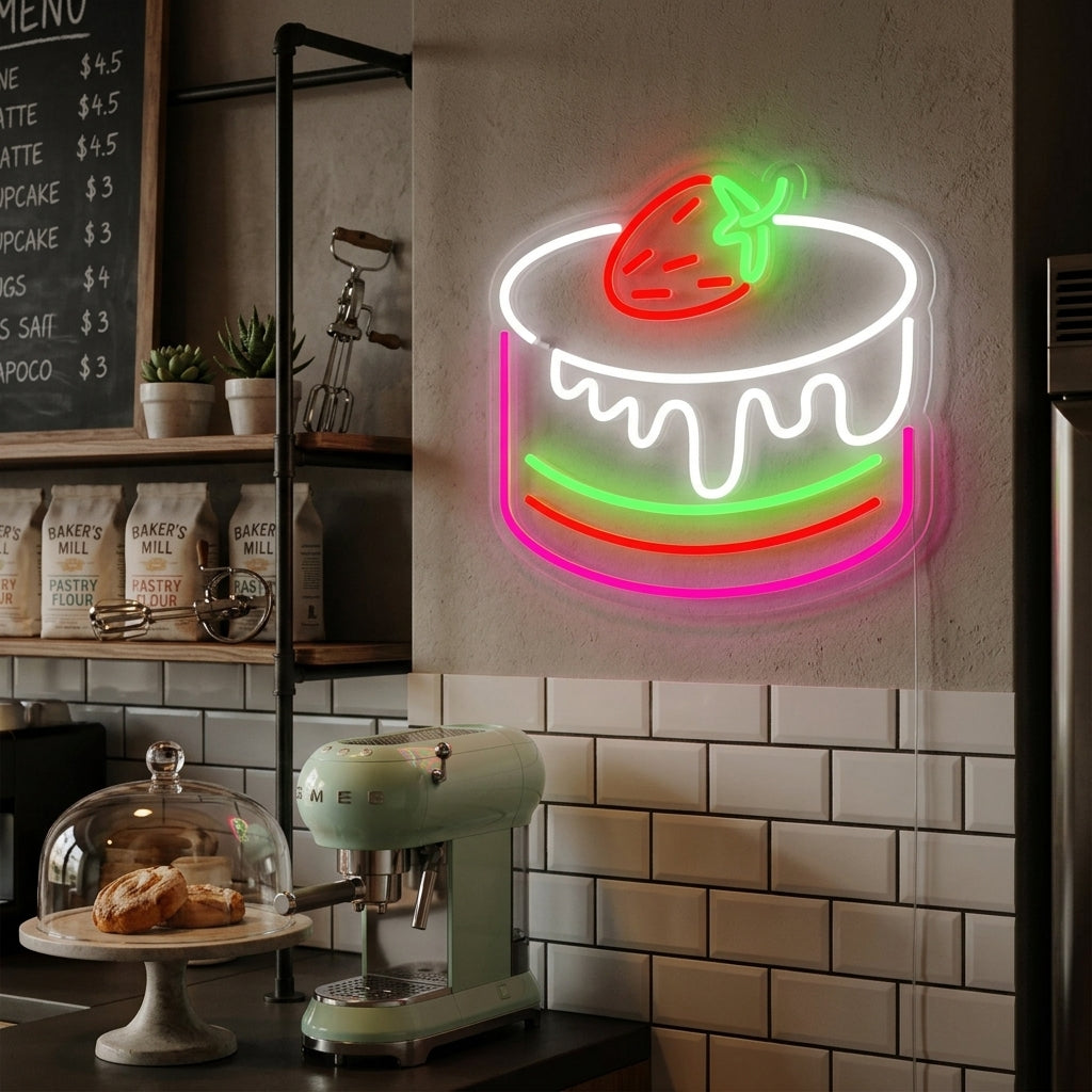 "Gâteau À La Fraise Cafe Bakery" Enseigne Lumineuse en Néon