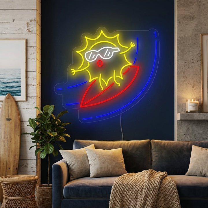 "Soleil De Dessin Animé Sur Une Planche De Surf" Enseigne Lumineuse en Néon