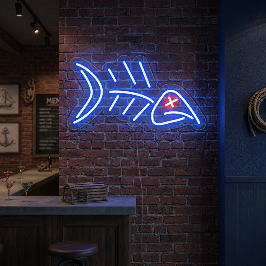 "Poisson, Squelette De Poisson" Enseigne Lumineuse en Néon