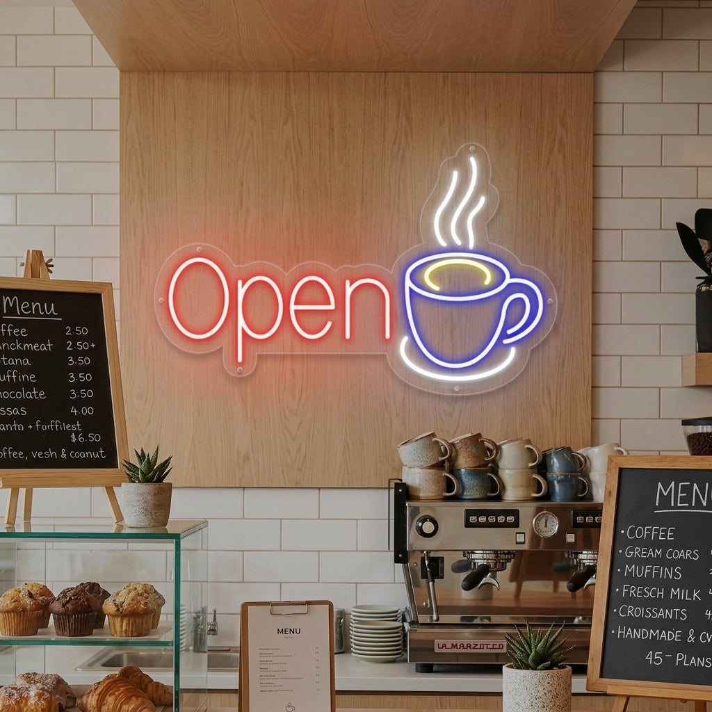 "Open, Tasse à café" Lumineuse en Néon