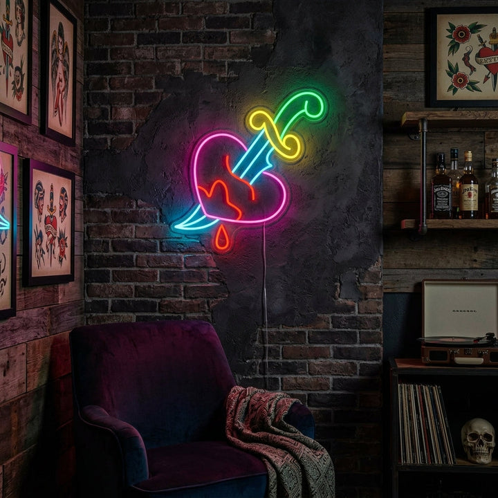 "Couteau, Chagrin D'Amour, Amour" Enseigne Lumineuse en Néon