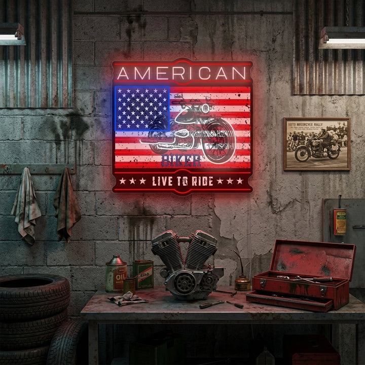 "American Biker Live To Ride" Enseigne néon