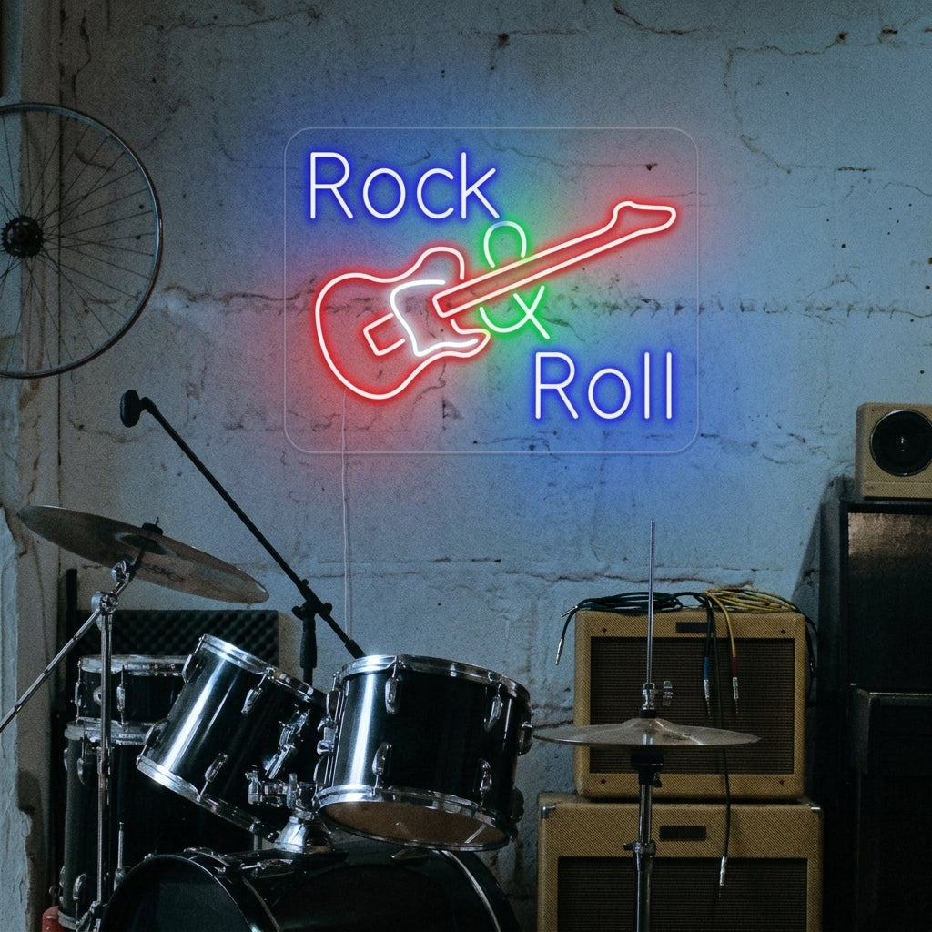 "Rock And Roll, Musique, Guitare" Enseigne Lumineuse en Néon