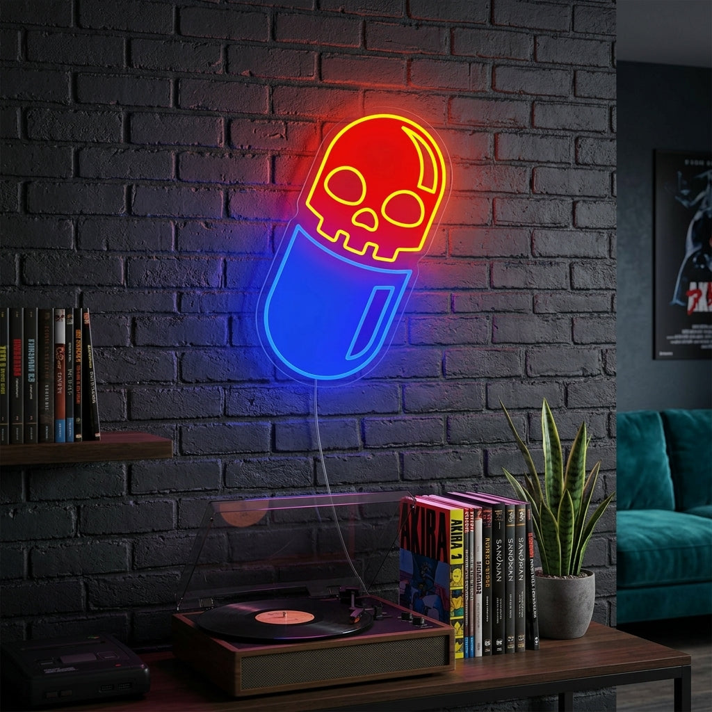"Crâne Pilule Impression UV" Enseigne Lumineuse en Néon