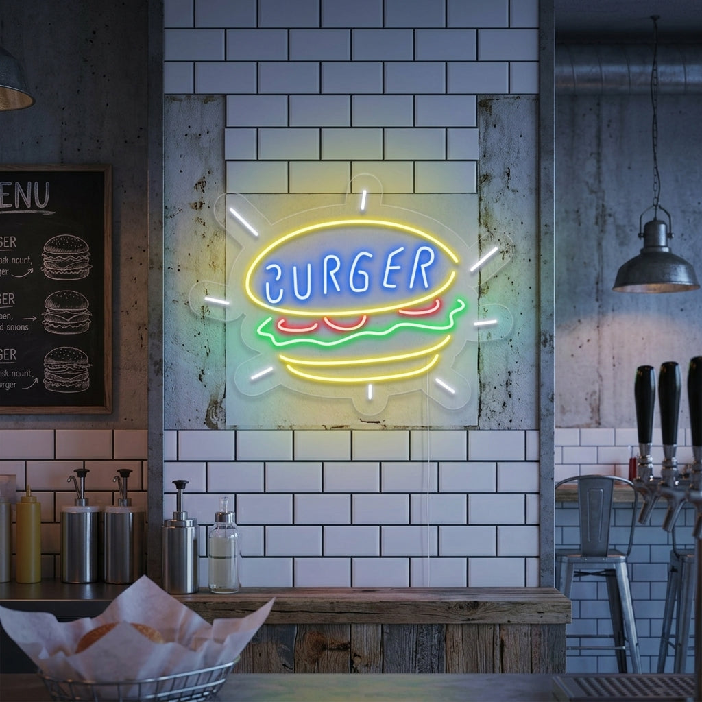 "Burger, Épicerie" Enseigne Lumineuse en Néon