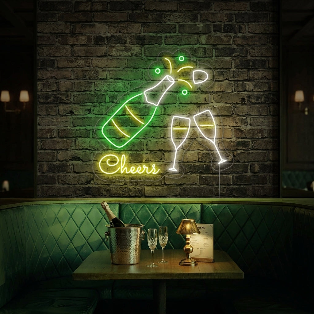 "Bouteille De Champagne, Flûtes À Champagne, Cheers" Enseigne Lumineuse en Néon