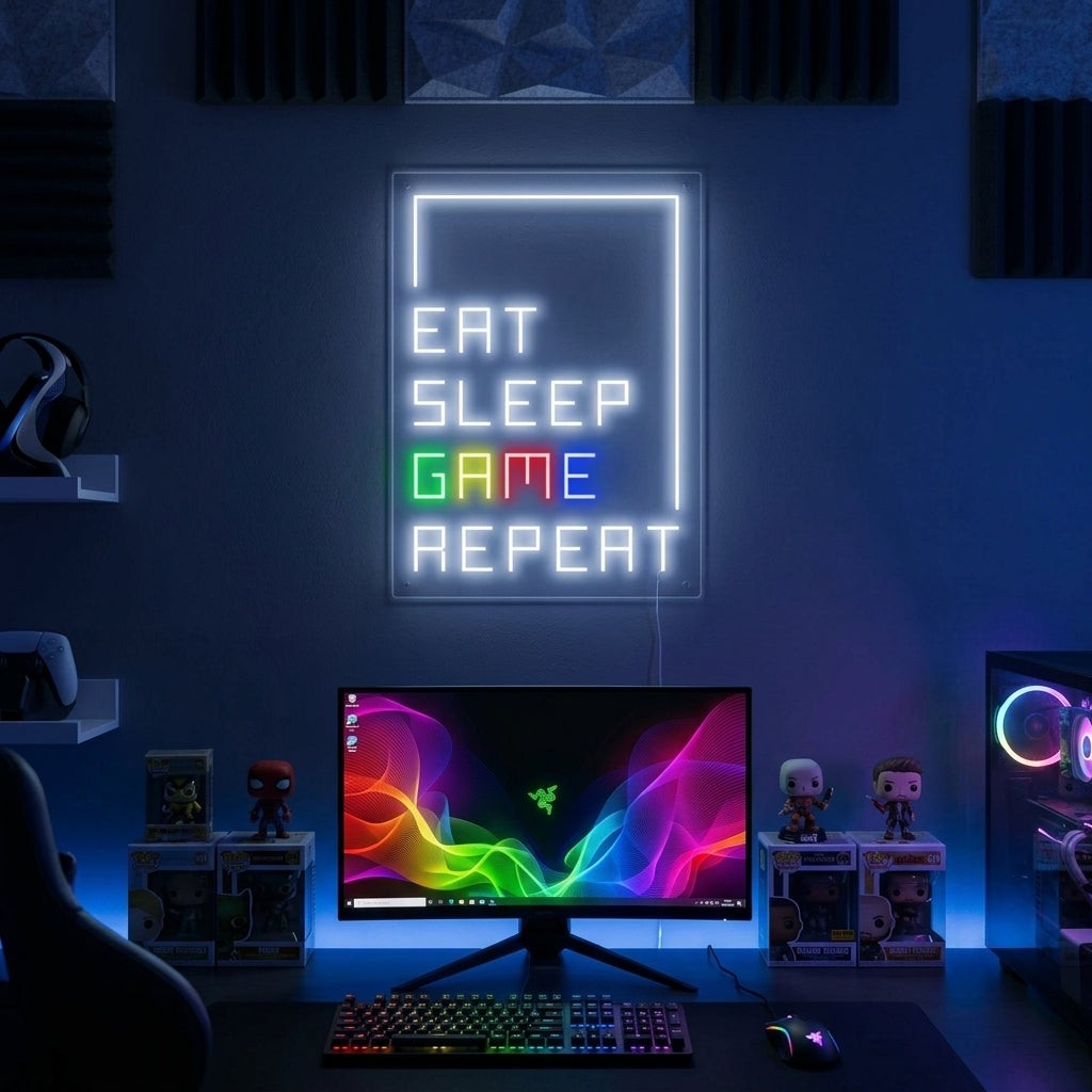 "Eat Sleep Game Repeat, Décoration De Joueur" Enseigne Lumineuse en Néon