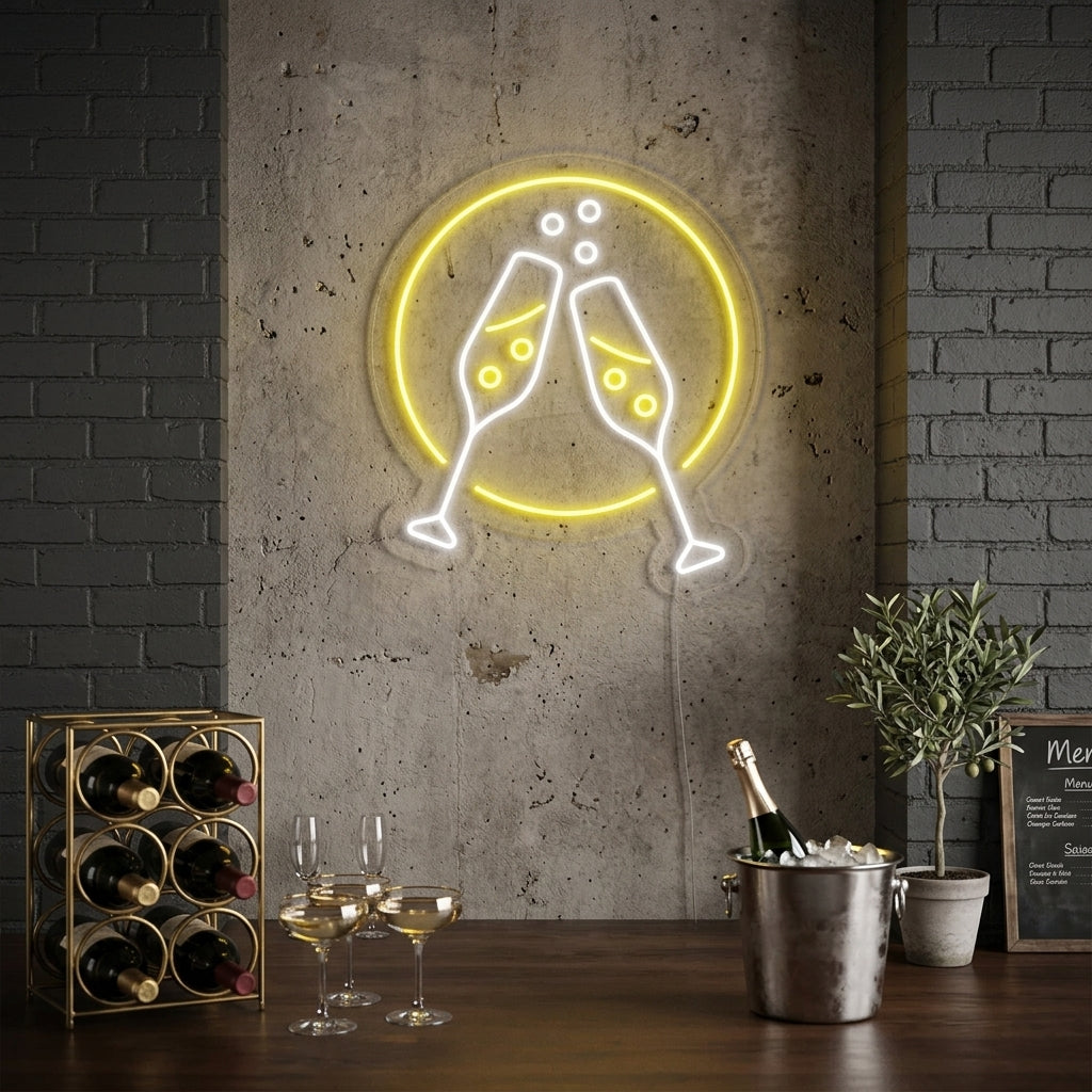 "Flûtes À Champagne, À Votre Santé" Enseigne Lumineuse en Néon