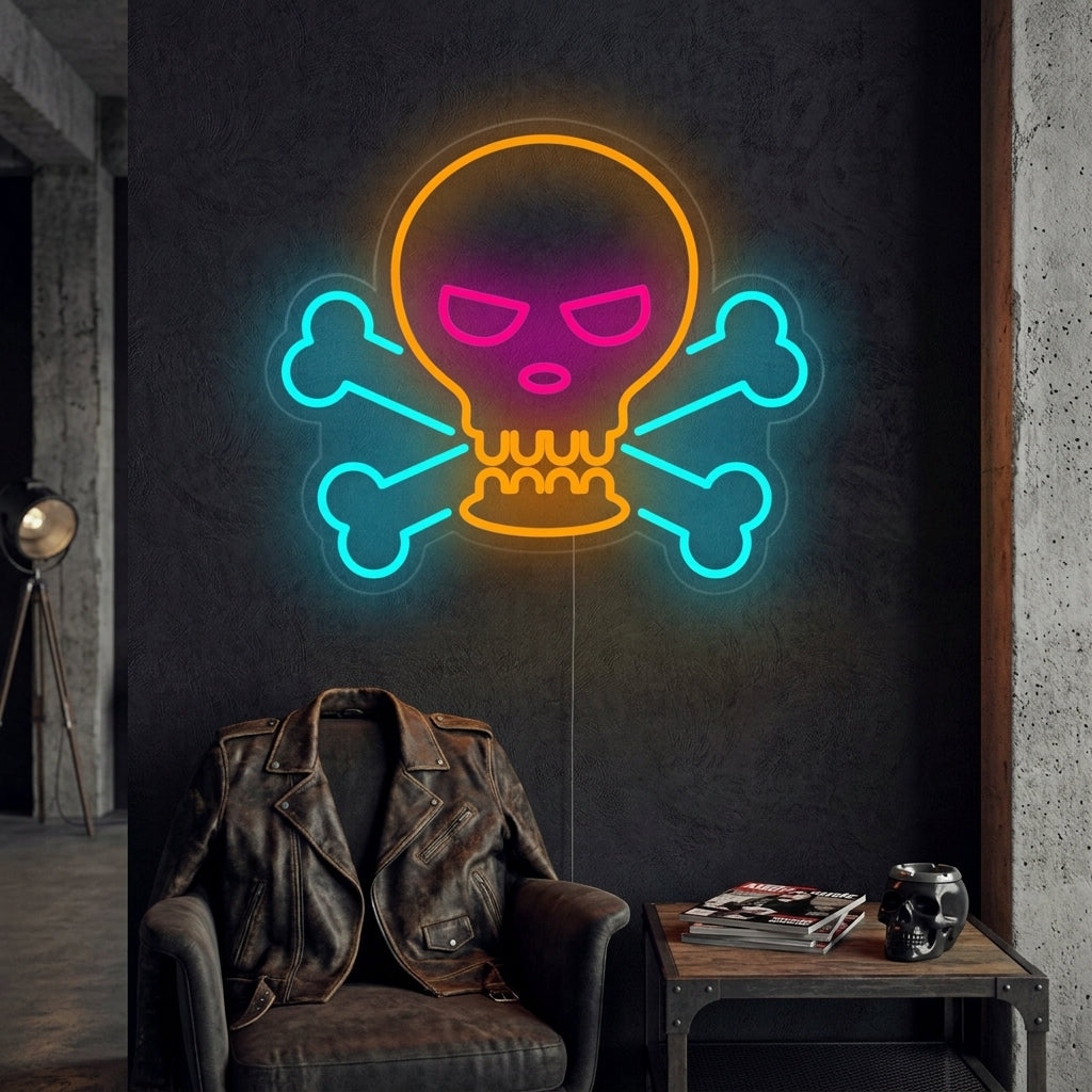 "Crâne Et Os" Enseigne Lumineuse en Néon