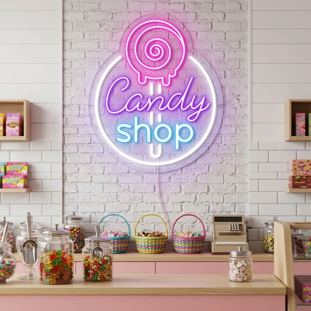 "Candy Shop, Logo De Confiserie" Enseigne Lumineuse en Néon