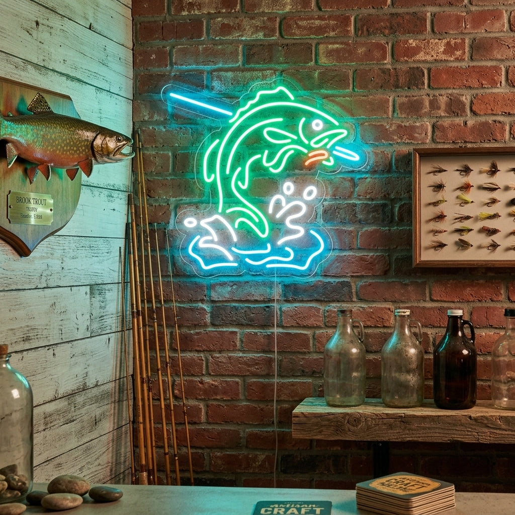 "Poisson À L'Hameçon, Pêche" Enseigne Lumineuse en Néon