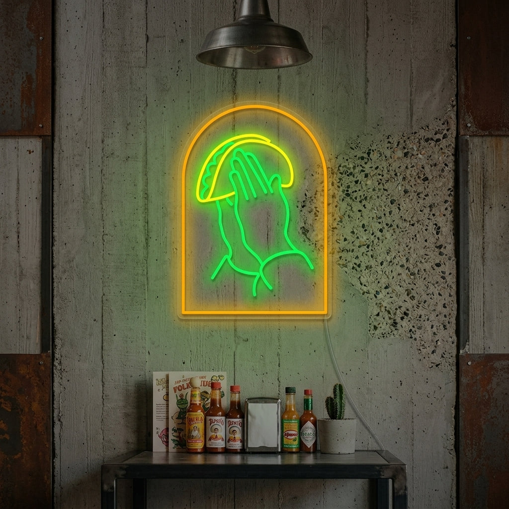 "Mains en prière avec tacos" Enseigne néon