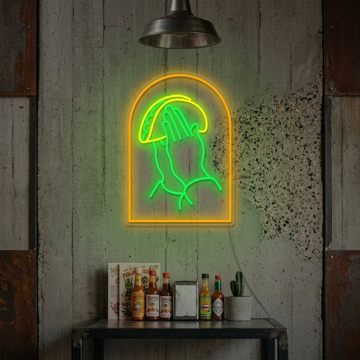 "Mains en prière avec tacos" Enseigne néon