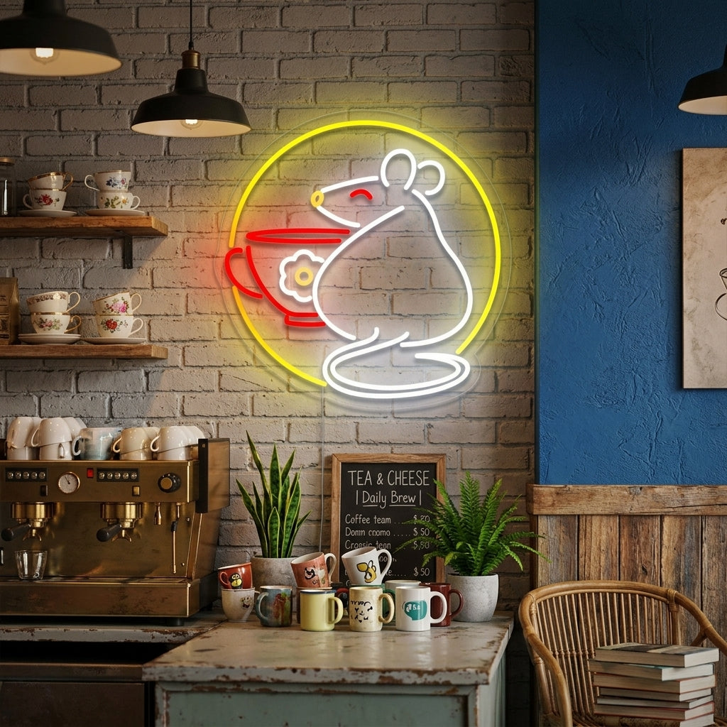 "Rat Avec Tasse" Enseigne Lumineuse en Néon
