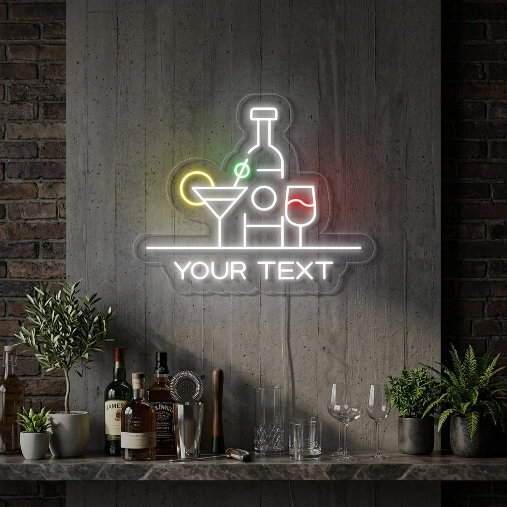 "Bouteilles, Cocktails, Bar" Enseigne Lumineuse en Néon