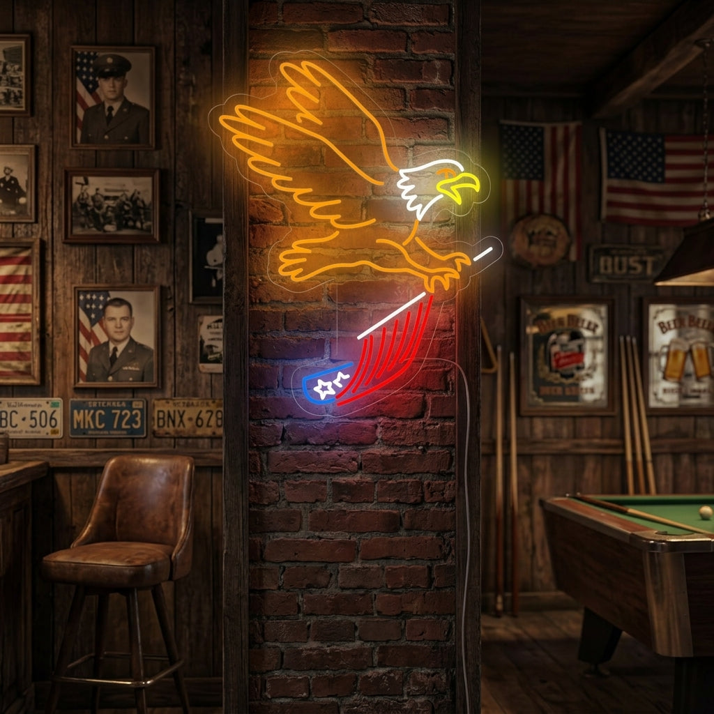 "Aigle Volant Et Portant Le Drapeau Des USA" Enseigne Lumineuse en Néon