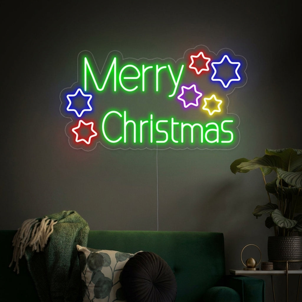 "Étoiles, Merry Christmas" Enseigne Lumineuse en Néon