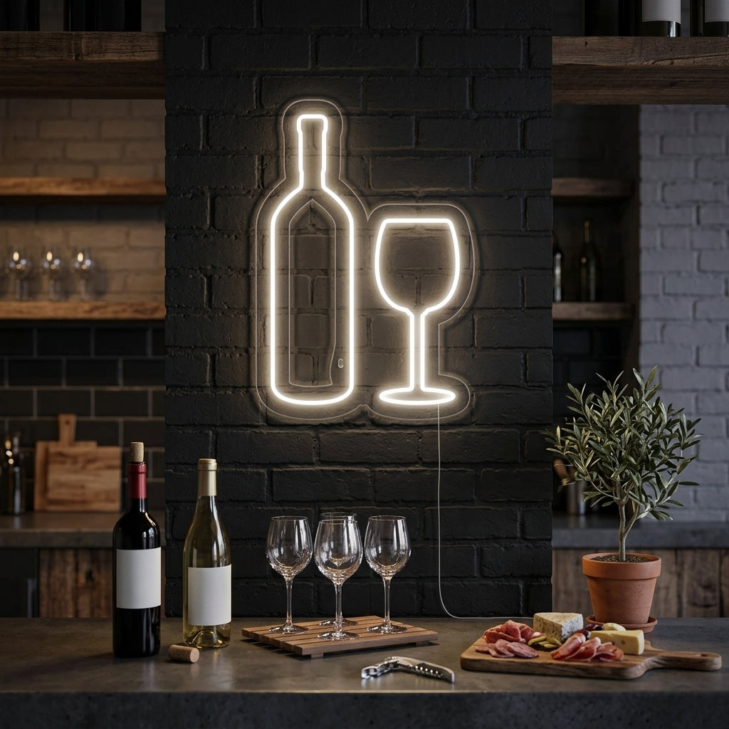 "Bouteille De Vin, Verre À Vin" Enseigne Lumineuse en Néon