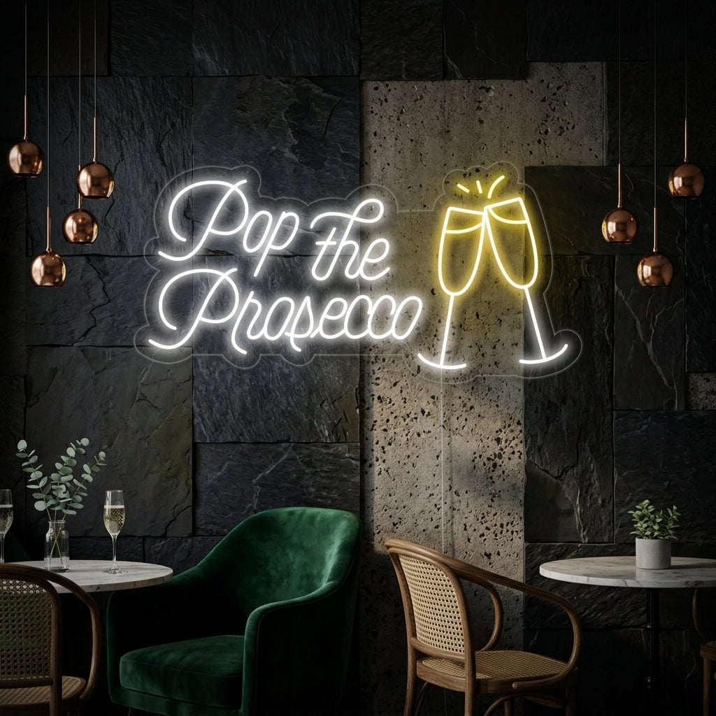"Pop The Prosecco Bar À Bière" Enseigne Lumineuse en Néon