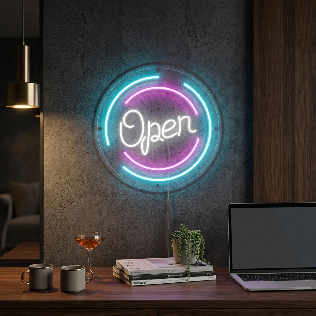 "Lettre Open Dans Des Cercles" Enseigne Lumineuse en Néon