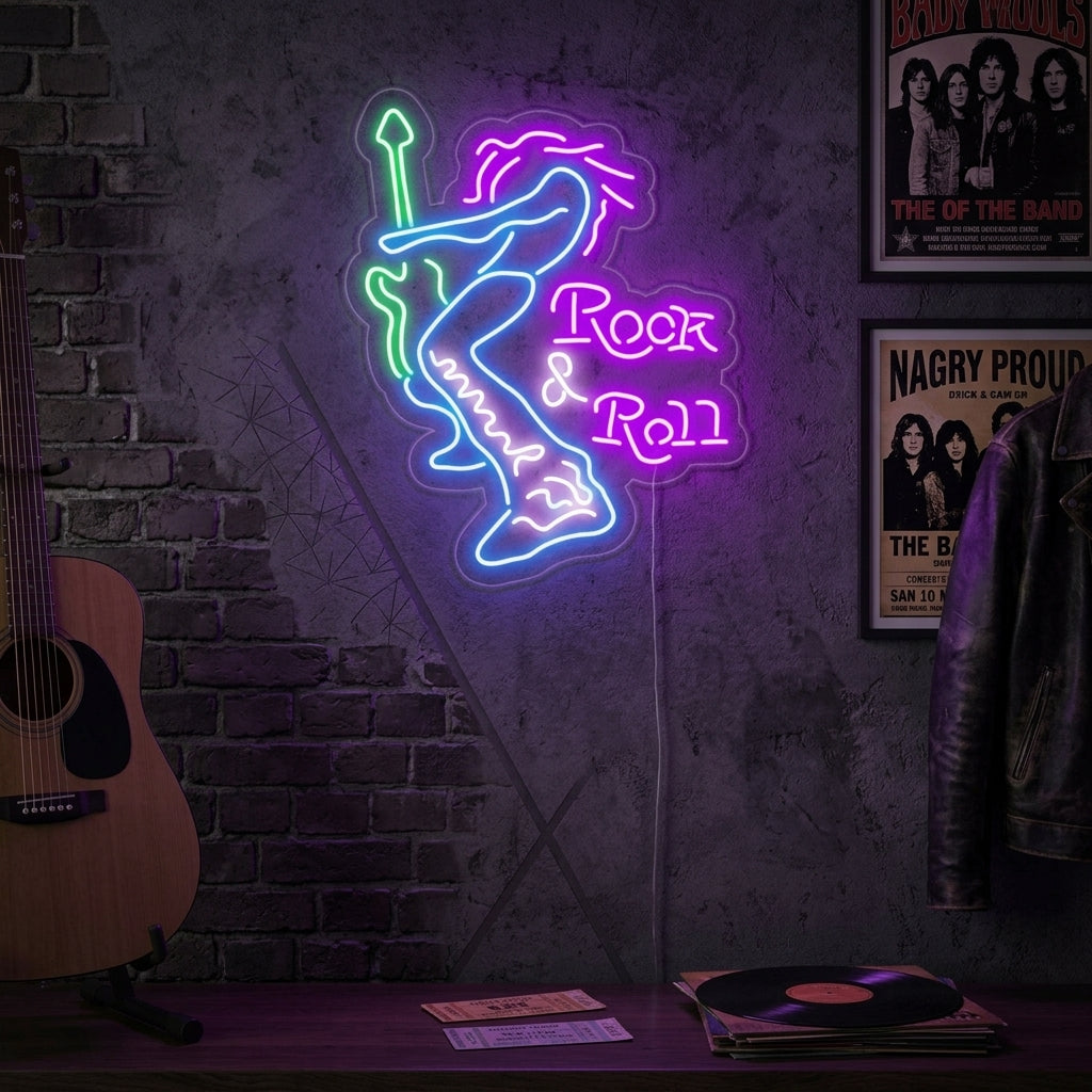 "Rock And Roll, Guitariste Électrique" Enseigne Lumineuse en Néon