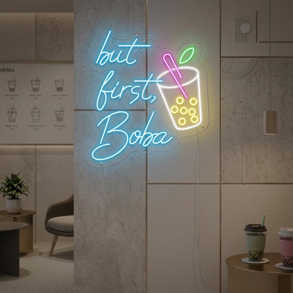 "Tasse, But First Boba" Lumineuse en Néon