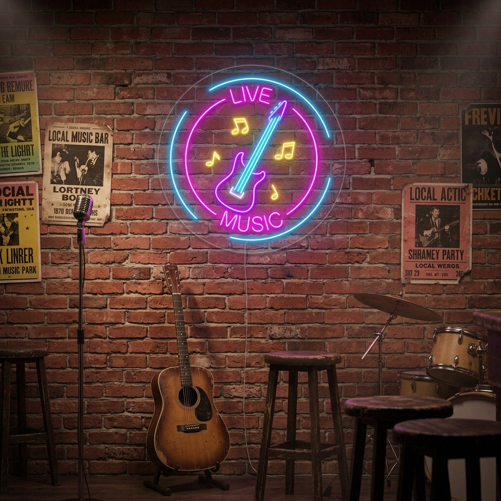 "Live Music, Notes De Musique, Guitare" Enseigne Lumineuse en Néon