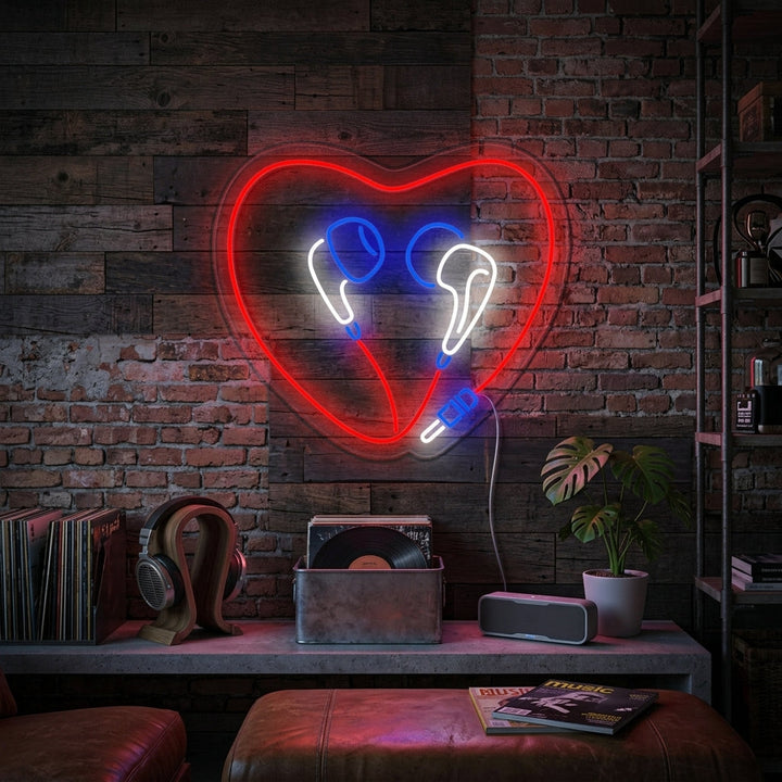 "Écouteurs En Forme De Cœur" Enseigne Lumineuse en Néon