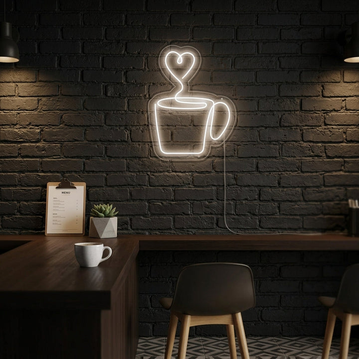 "En Forme De Cœur, Tasse À Café Or Gobelet À Café" Enseigne Lumineuse en Néon