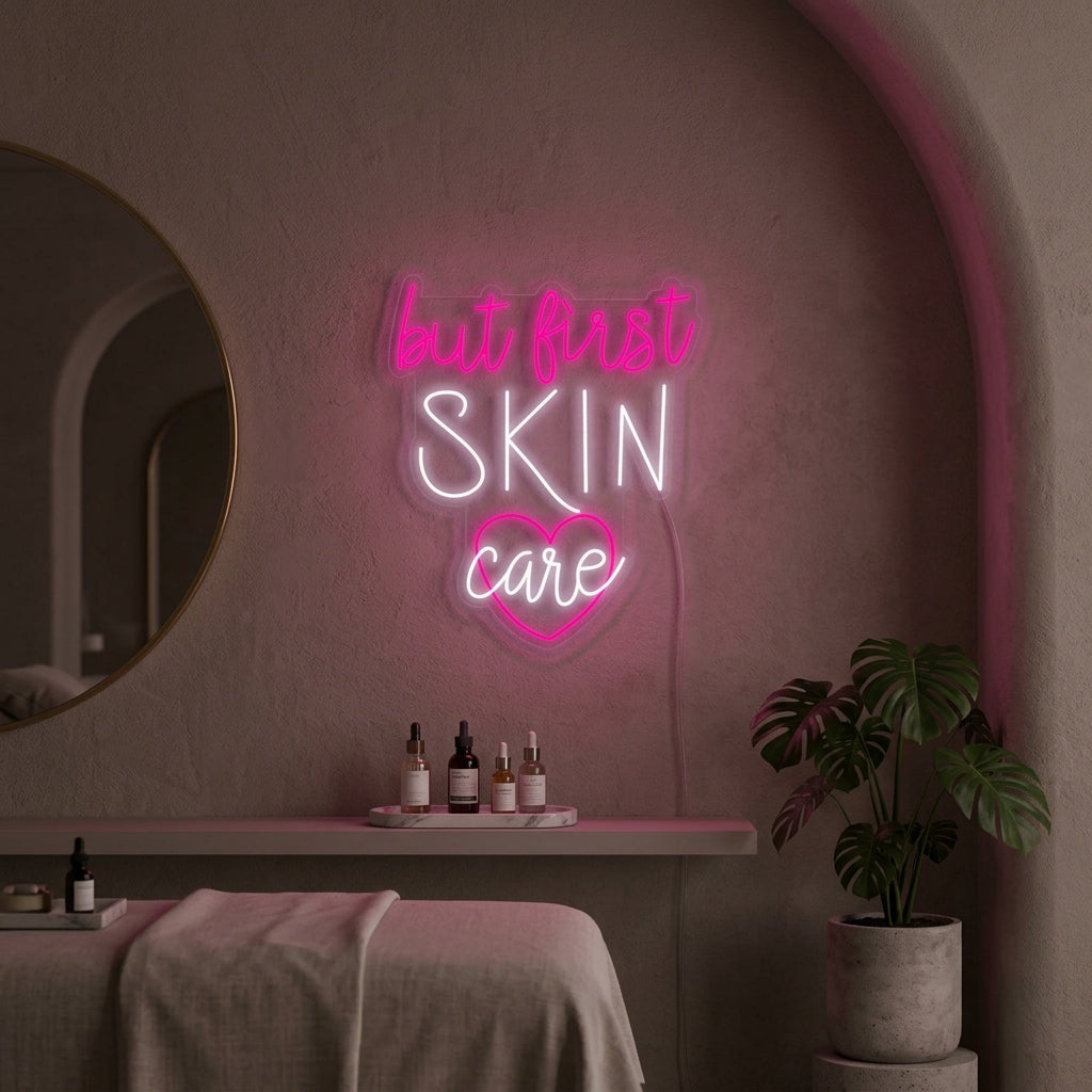 "But First Skin Care Soin De La Peau" Enseigne Lumineuse en Néon