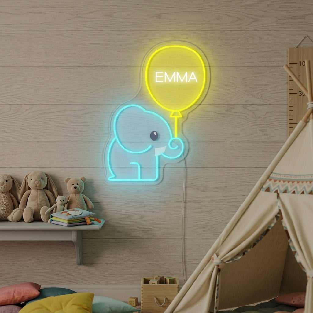 "Nom Personnalisé Avec Éléphant Et Ballon, Décoration De Chambre D'Enfant" Enseigne Lumineuse en Néon