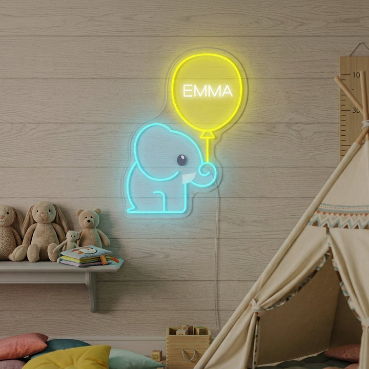 "Nom Personnalisé Avec Éléphant Et Ballon, Décoration De Chambre D'Enfant" Enseigne Lumineuse en Néon