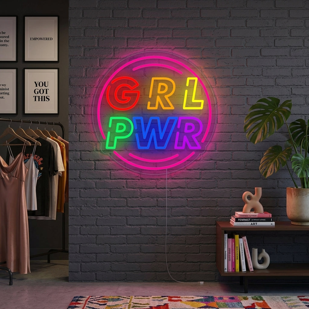 "Girl Power Avec Cercle" Enseigne Lumineuse en Néon
