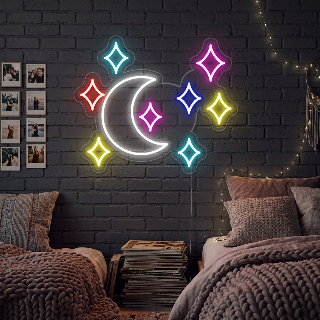 "Lune, Étoile" Enseigne Lumineuse en Néon