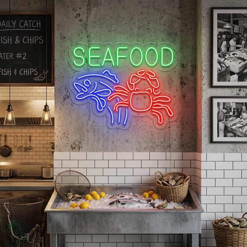 "Seafood, Crabe, Poisson" Enseigne Lumineuse en Néon