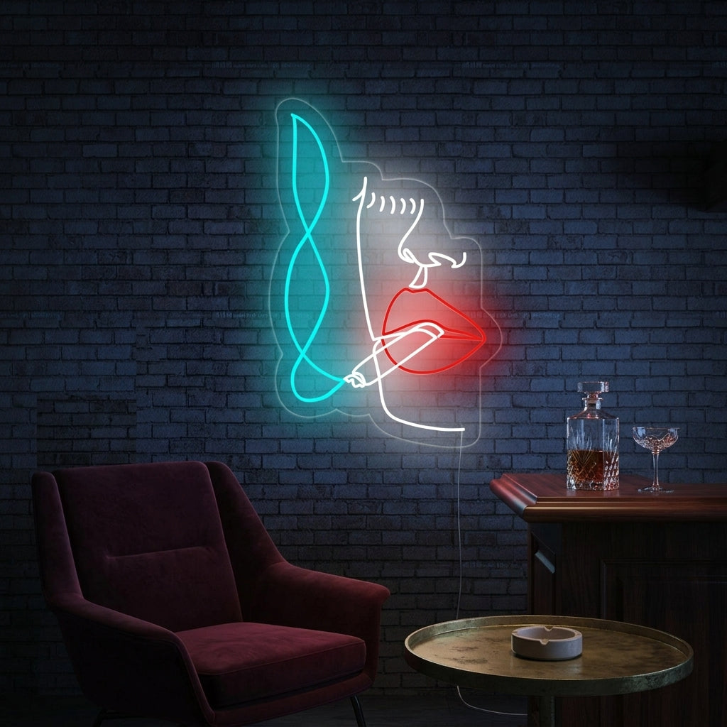 "Visage De La Femme Qui Fume" Enseigne Lumineuse en Néon