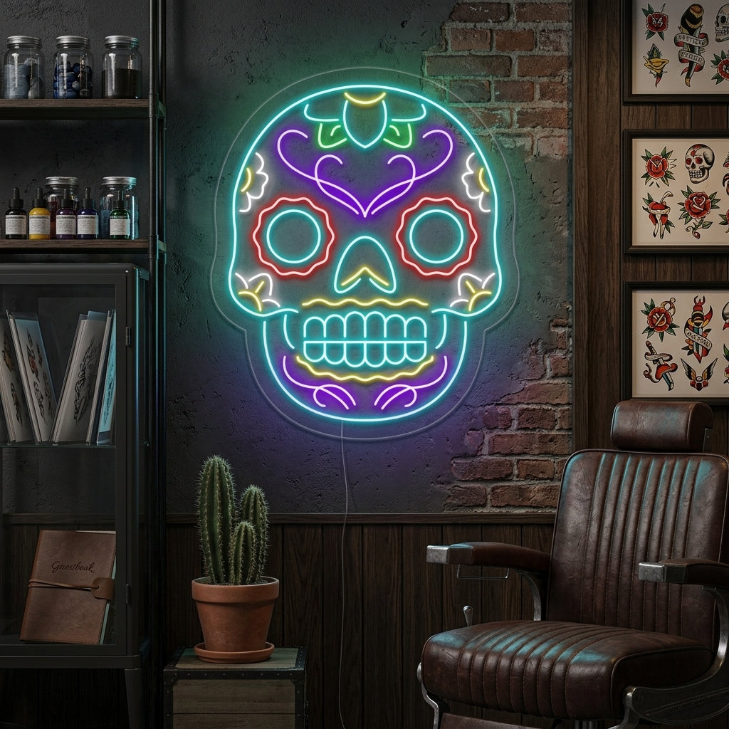 "Tatouage Crâne" Enseigne Lumineuse en Néon
