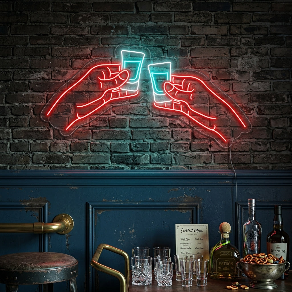 "Verres De Vodka Ou De Tequila À Deux Mains Bar" Enseigne Lumineuse en Néon