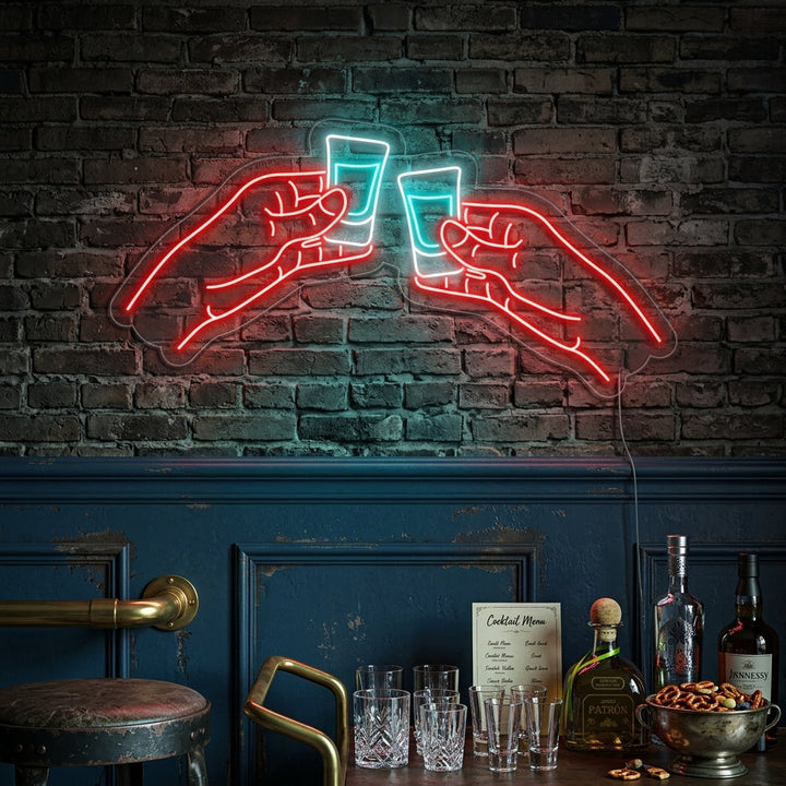 "Verres De Vodka Ou De Tequila À Deux Mains Bar" Enseigne Lumineuse en Néon