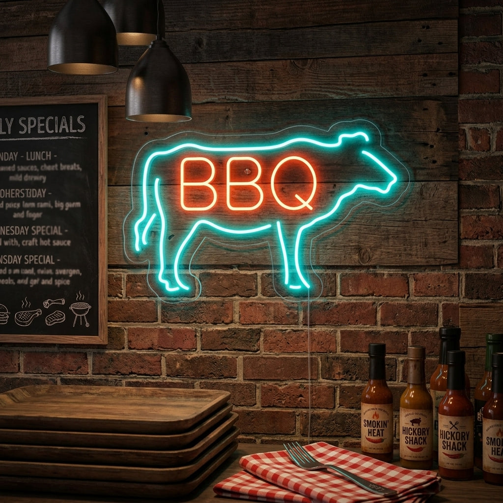 "Vache, BBQ" Enseigne Lumineuse en Néon