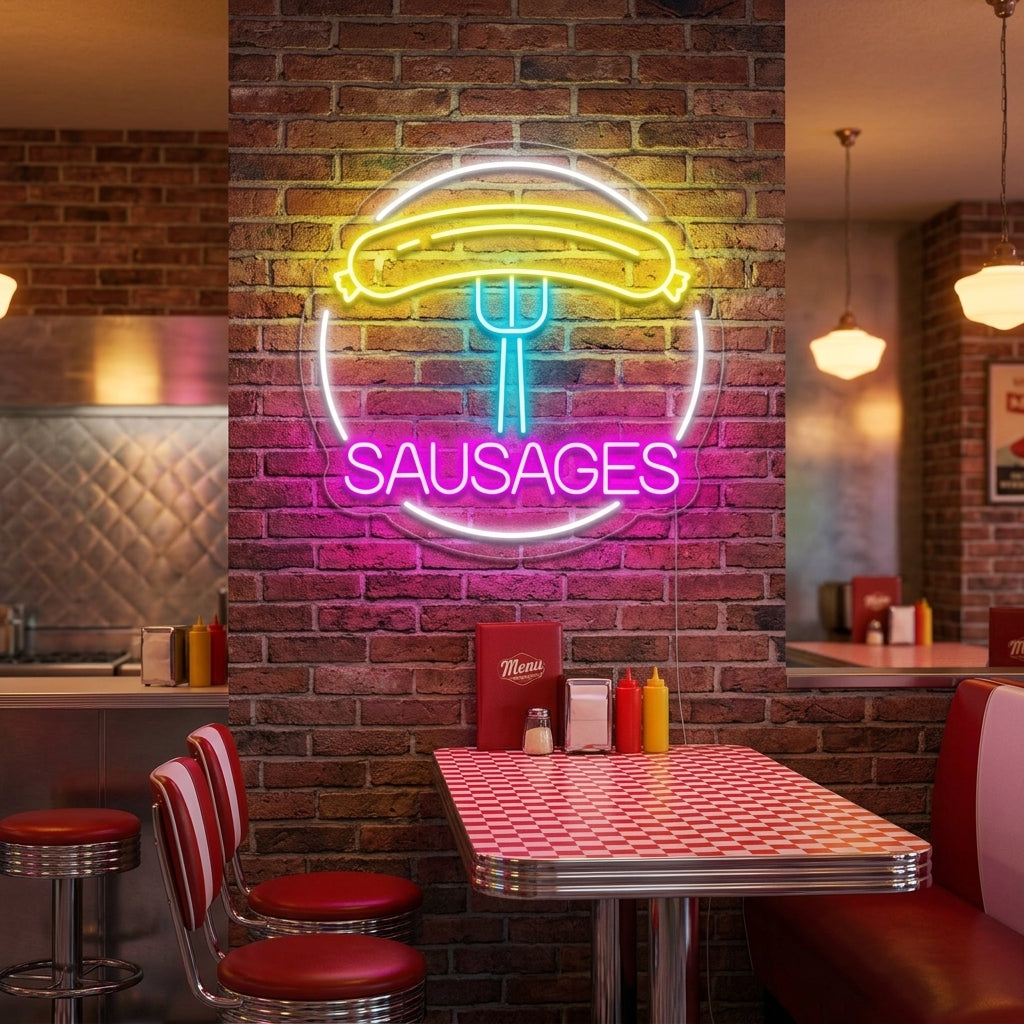 "Sausages, saucisse, fourchette" Lumineuse en Néon