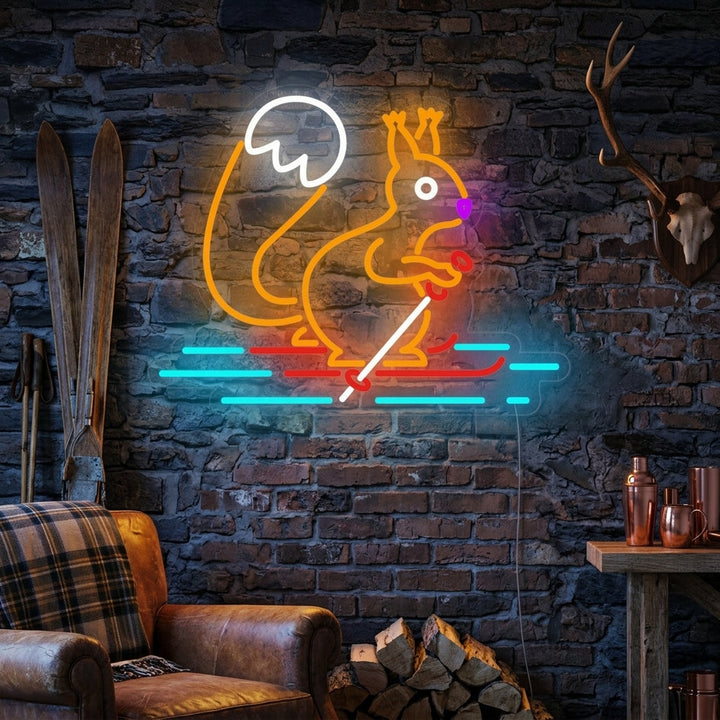 "Écureuil Ski" Enseigne Lumineuse en Néon