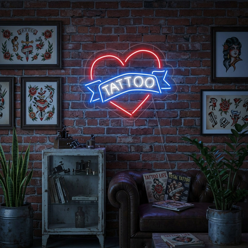 "Tattoo, Cœur" Enseigne Lumineuse en Néon