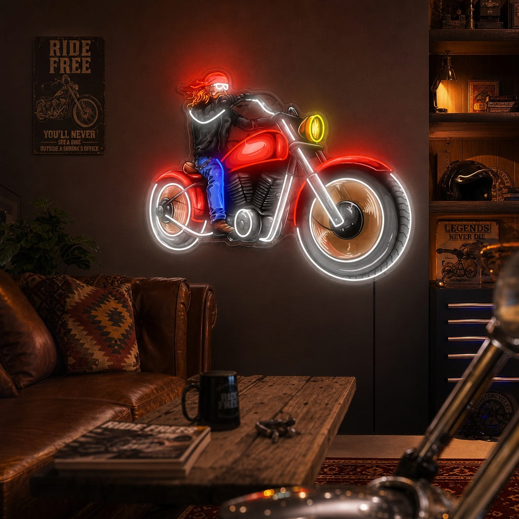 "Homme et moto rétro classique" Enseigne néon