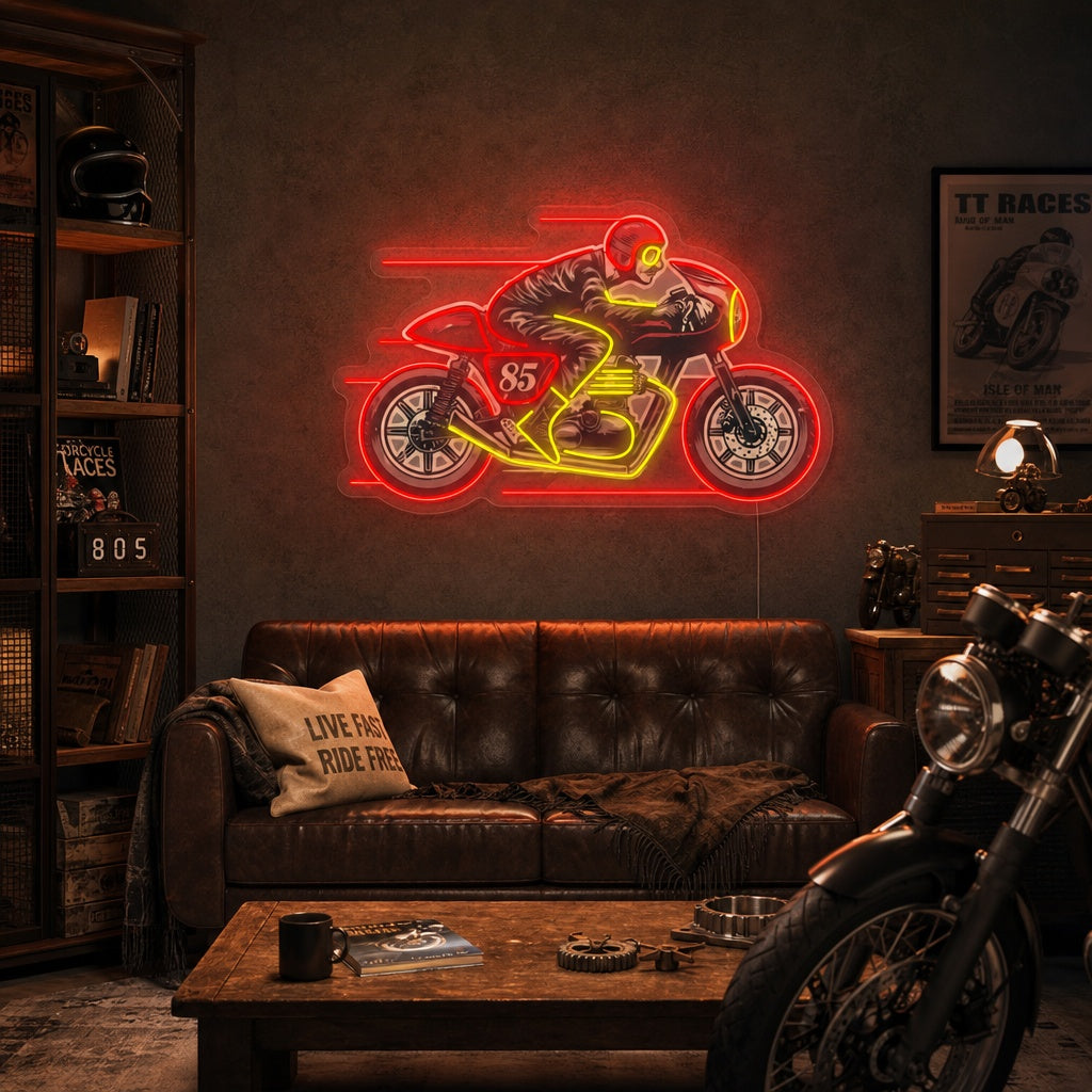 "Homme équitation vieille moto Cafe Racer" Enseigne néon