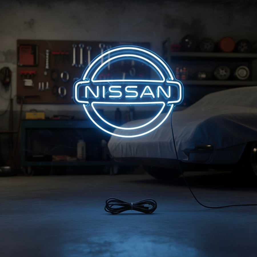 Blue Nissan circular neon logo, ideal for Japanese car lovers and workshop or display use.