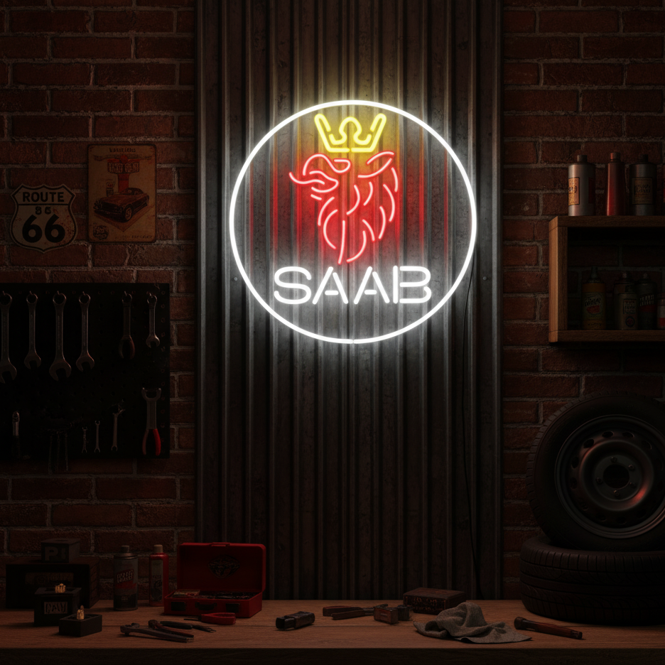 Neon sign with the iconic SAAB griffin logo in red, yellow, and white, ideal for vintage car fans and garage decor.