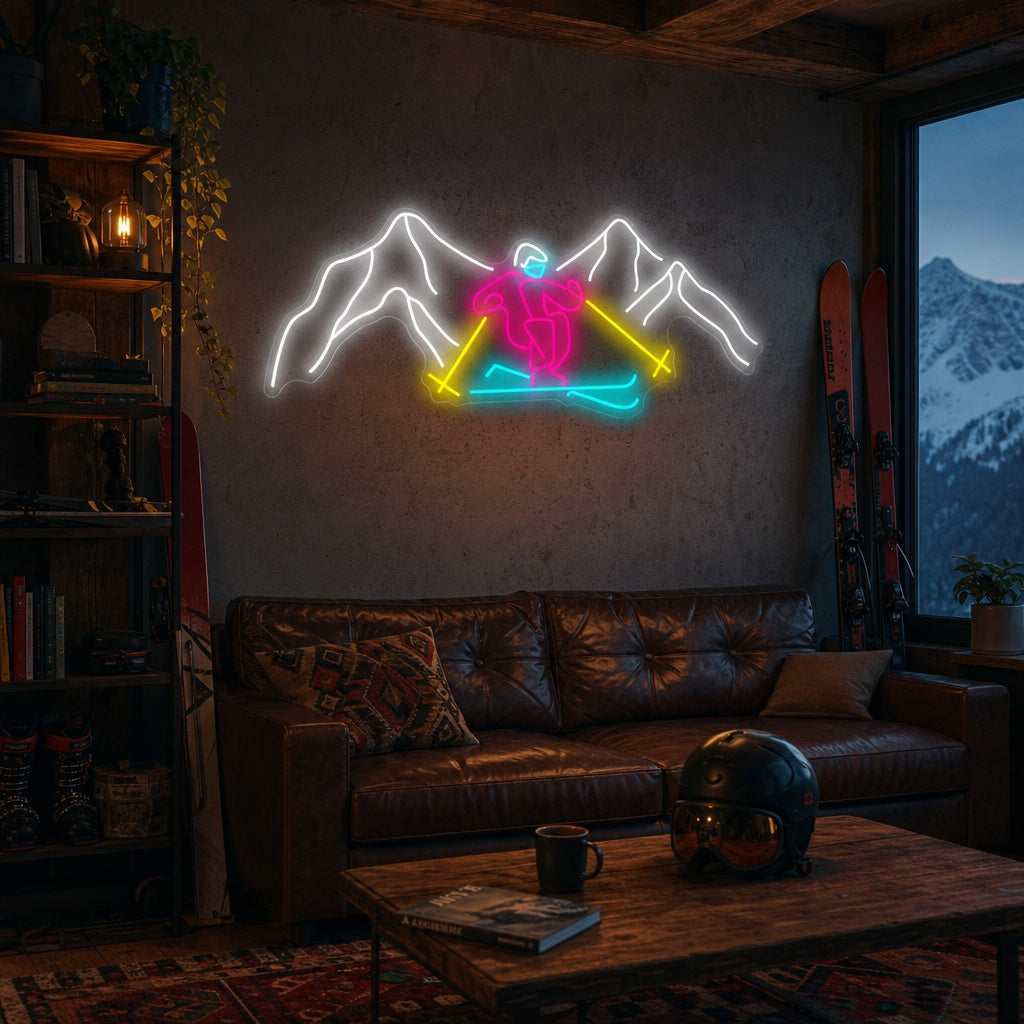 "Ski à travers les montagnes" Enseigne néon